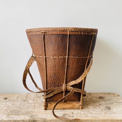 Antique Vietnamese Rattan Harvest Backpack Basket | 19th Century - MIKAFleurAntique