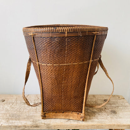 Antique Vietnamese Rattan Harvest Backpack Basket | 19th Century - MIKAFleurAntique