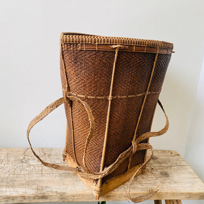 Antique Vietnamese Rattan Harvest Backpack Basket | 19th Century - MIKAFleurAntique